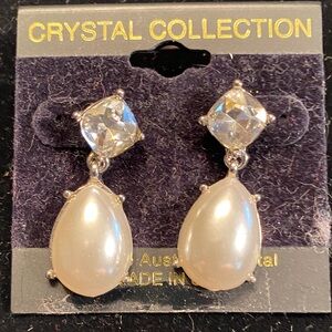 Crystal and White Pearl Teardrop Dangle Earrings